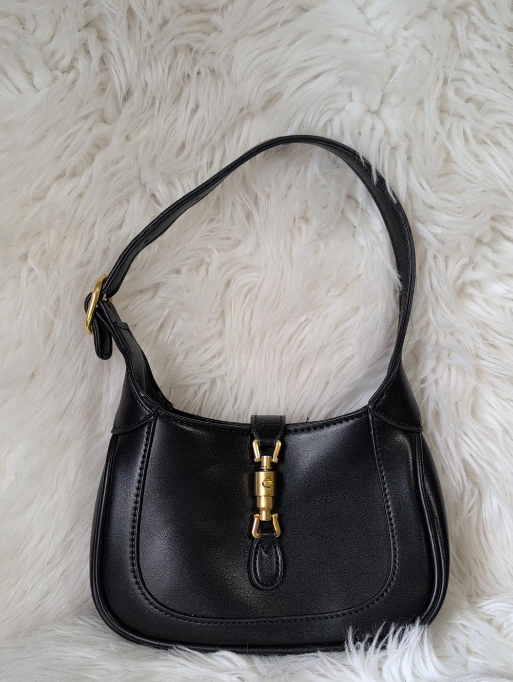 COMMENSE Black Leathe- Look Finish Shoulder Bag with Gold Hardware